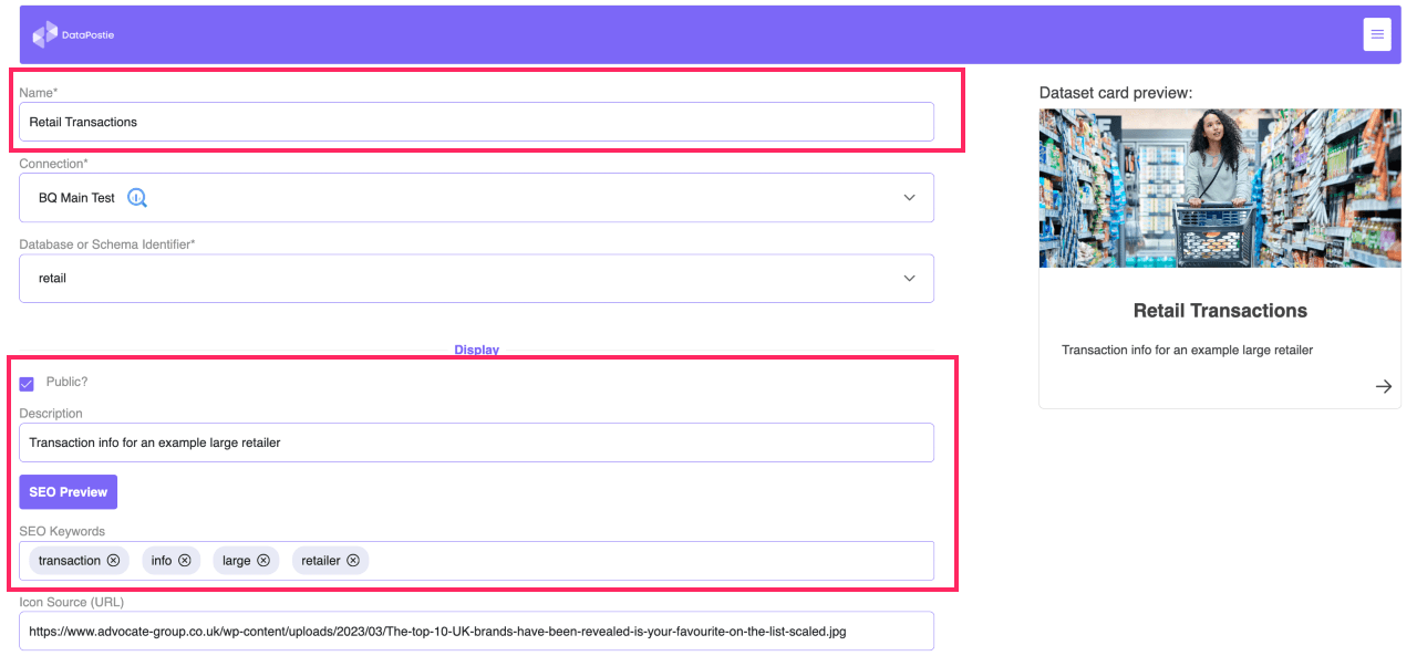 Dataset SEO in dataset admin page